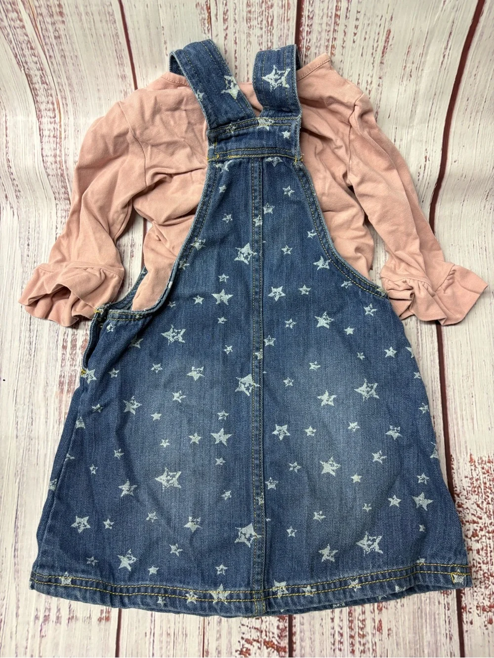Tahari Star-Print Denim Overall Dress with Pink Top